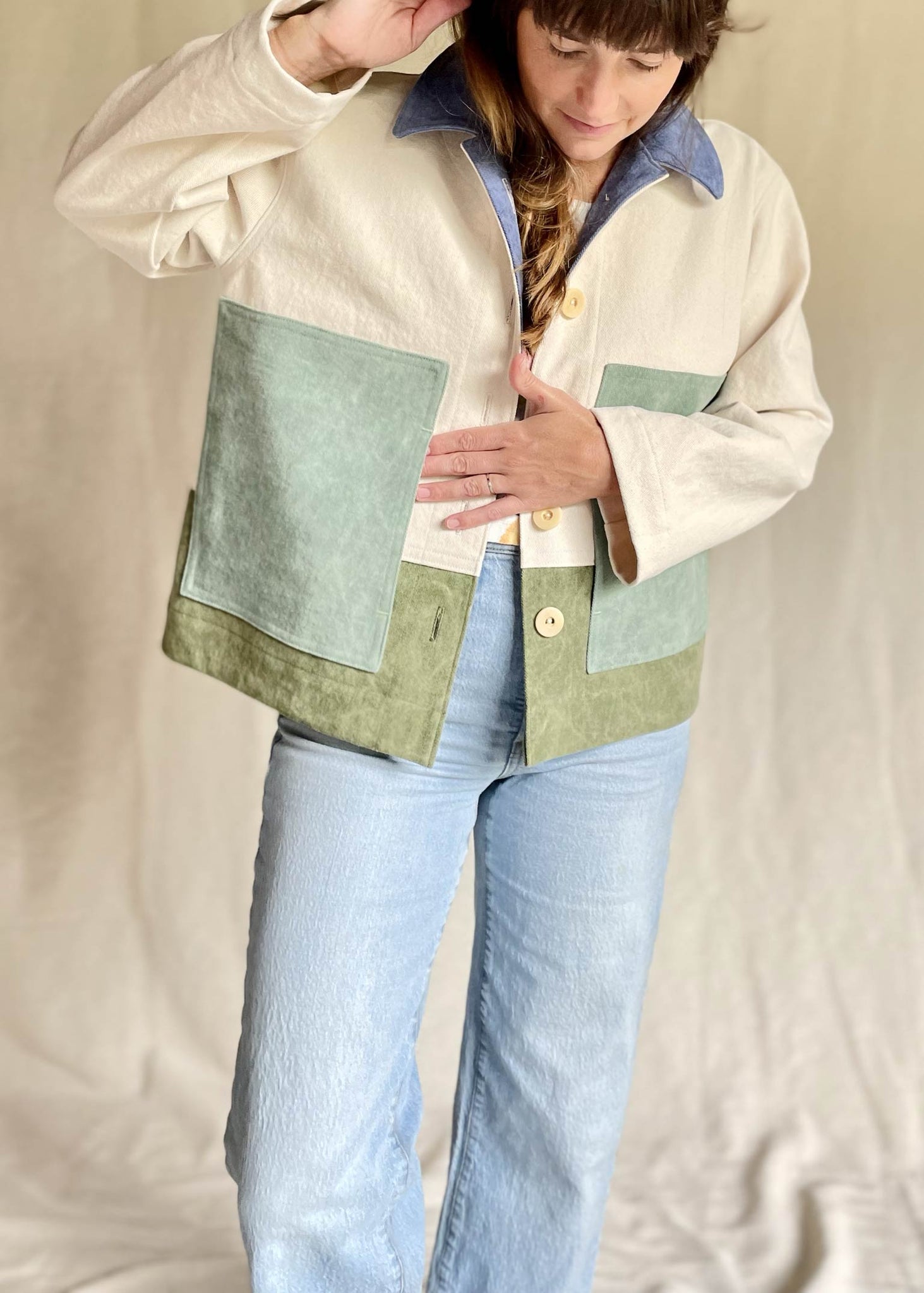 Made-to-order Color Block Jacket: Cream color body for Shaira